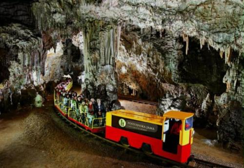 a train in a cave with people on it at Sobe pri Roži in Postojna