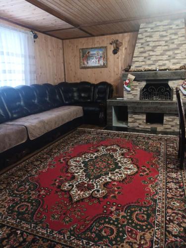 a living room with a couch and a red rug at У Матвія in Vorokhta