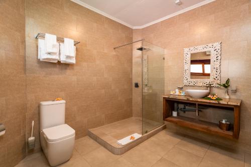 a bathroom with a shower and a toilet and a sink at Sun Properties and Resort Hotel in Beau Vallon