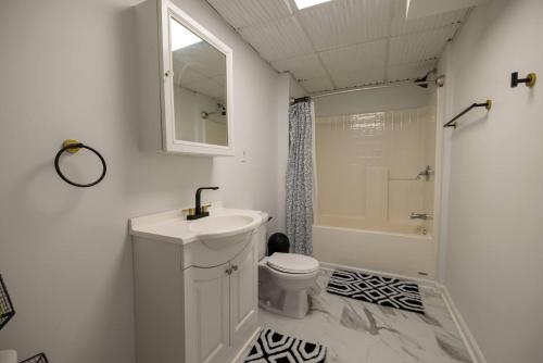 a bathroom with a sink and a toilet and a shower at Studio•Basement• Back Entry Basement•1BRD•Ste B in Lawrenceville