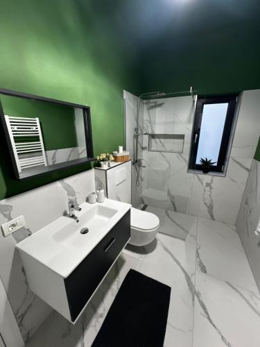 a bathroom with a white sink and a green wall at Gosen Grand Residence in Sângeorz-Băi