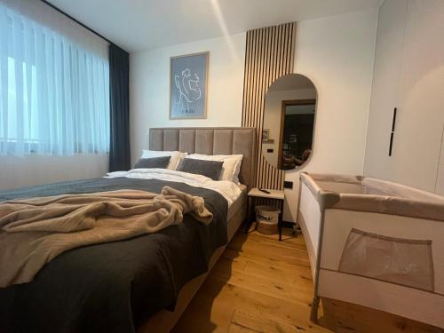 a bedroom with a large bed and a mirror at Ski & Spa Bjelašnica in Bjelašnica