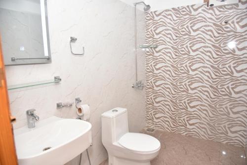 a bathroom with a shower with a toilet and a sink at River View Hotel in Heart of Muzaffarabad,213 in Muzaffarabad