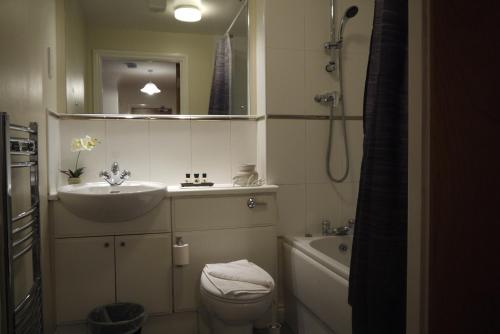 a bathroom with a sink and a toilet and a mirror at eApartments in Edinburgh