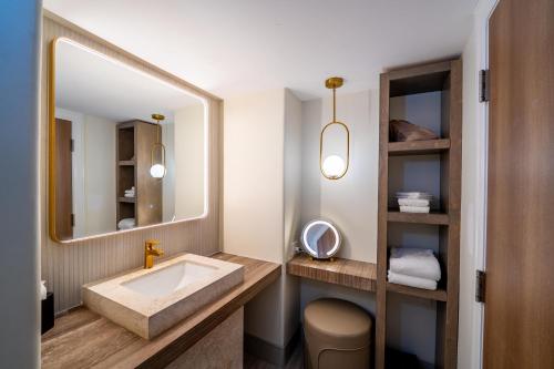 a bathroom with a large sink and a mirror at Castillo Real St Augustine Beach,Tapestry Collection Hilton in Saint Augustine Beach