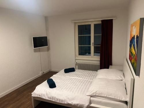 a bedroom with a white bed and a window at Central Living Brugg - Studio 11 in Brugg