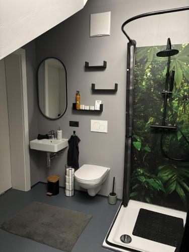 a bathroom with a shower and a toilet and a sink at Appartement Weiskopf in Reith bei Seefeld