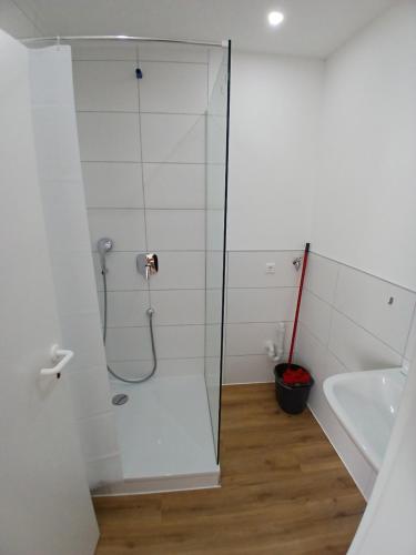 a shower with a glass door in a bathroom at CUBE 5 New in Bad Saulgau