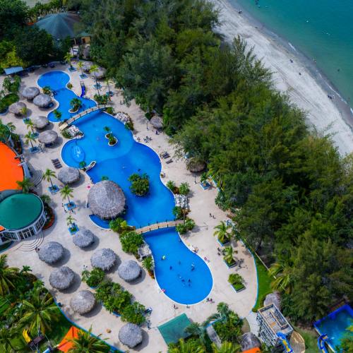 an aerial view of the water park at the resort at La Ensenada Beach Resort in Tela