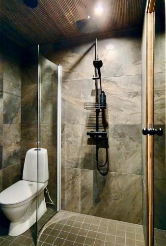 a bathroom with a toilet and a glass shower at Peaceful Cabin with Hot Tub and Nature Views, Villa Lakeside Ruka in Ruka