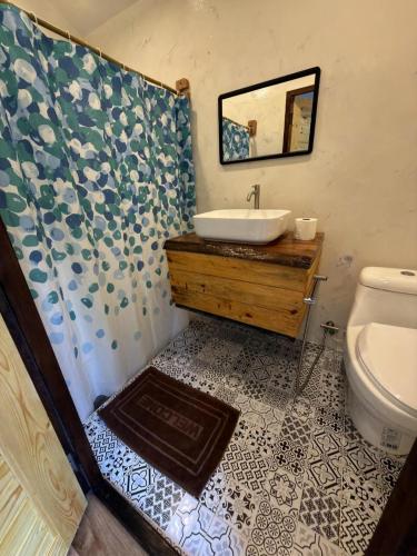 a bathroom with a sink and a toilet and a shower at A-Frame House บ้านเอเฟรม แดลอร์ปู in Ban Yang