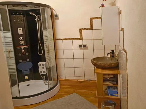 a small bathroom with a shower and a sink at Nachhaltiges Ferienhaus in Steinheim in Steinheim