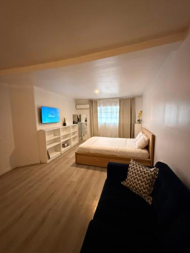 a bedroom with a bed and a tv and a couch at Garden and chill in Tijuana