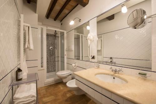 bagno con lavandino, servizi igienici e specchio di Relais Osteria Dell'Orcia a Bagno Vignoni