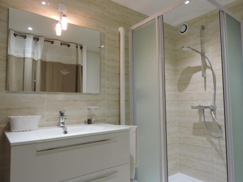 a bathroom with a white sink and a shower at Gîte Au Coeur Du Pays Cathare in Fanjeaux