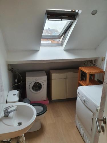 a bathroom with a toilet and a sink and a window at Studio meublé in Zaventem