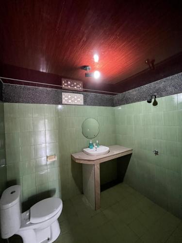 a bathroom with a toilet and a sink with a mirror at MAHADING cottages in Gili Meno