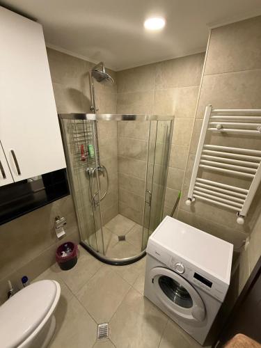 a bathroom with a shower and a washing machine at Cozy Ski-In Studio near forest at Crystal residence in Bakuriani