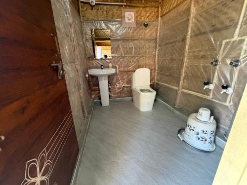 a bathroom with a sink and a toilet at Monkey Paradise Hampi in Hampi