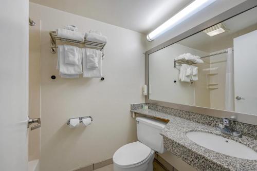 a bathroom with a toilet and a sink and a mirror at Quality Inn Enola - Harrisburg in Harrisburg