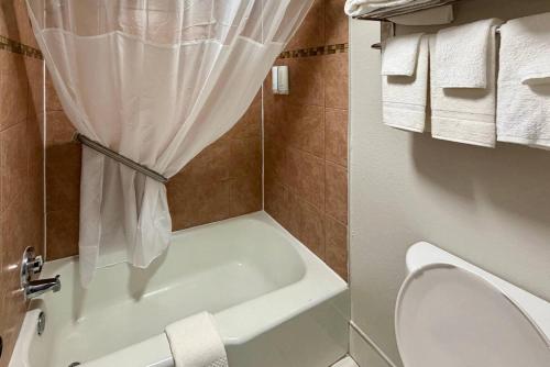 a bathroom with a toilet and a tub with a shower curtain at Park Inn by Radisson, Weldon - Roanoke Rapids in Weldon