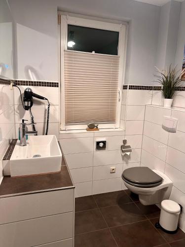 a bathroom with a toilet and a sink and a window at Ferienhaus Isaro in Ludwigsburg