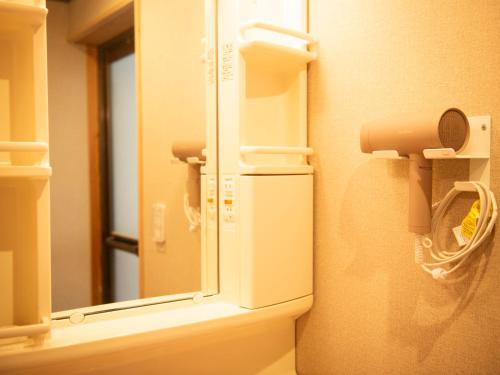 a bathroom with a mirror and a sink at Vegestay Nonaka in Tanabe