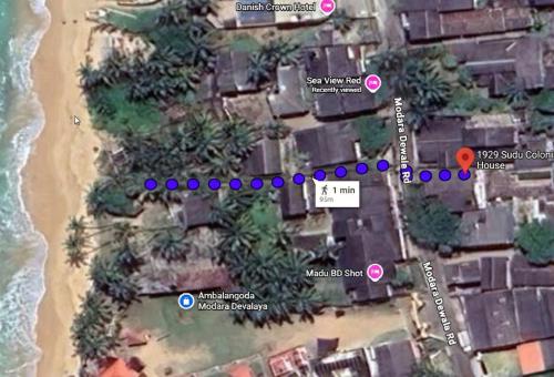 a map of a beach with purple dots at 1929 Sudu Colonial House in Ambalangoda