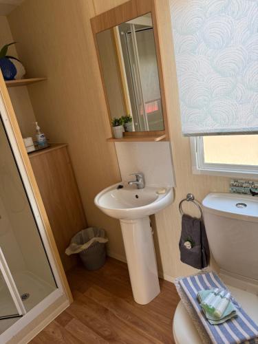a bathroom with a sink and a mirror and a toilet at Shell Beach Holiday Home Mersea Coopers Beach in East Mersea