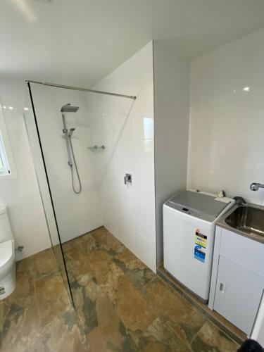a bathroom with a shower and a toilet and a sink at Penguin Seaside Farm in Penguin