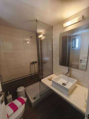 a bathroom with a sink and a shower and a toilet at VILLA VASILIS ORNOS in Mikonos