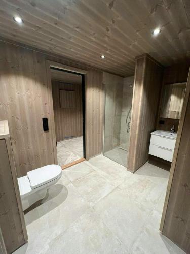 a bathroom with a toilet and a sink at Cabin With Dock By Otra In Setesdal in Bygland