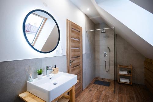 a bathroom with a white sink and a mirror at Apartmánový dom Budiná in Budiná