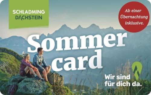 a flyer for a summer card with two people sitting on a rock at Apartmenthaus Kammblick in Gröbming