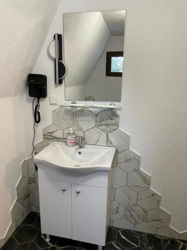 a bathroom with a sink and a mirror at Cabana De Peste Gard in Topliţa