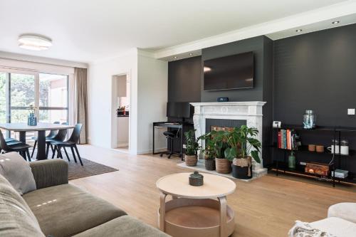 a living room with a couch and a fireplace at roeselare stay in Roeselare