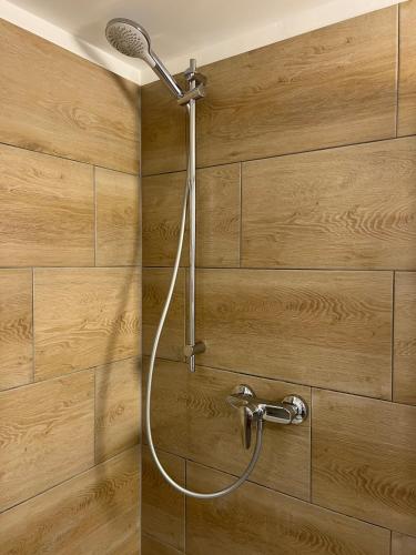 a shower in a bathroom with a wooden wall at Ari Apartment Wald am Arlberg in Wald am Arlberg