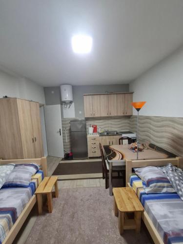 a room with beds and a table and a kitchen at pODNOŽJE KOPAONIKA in Brus