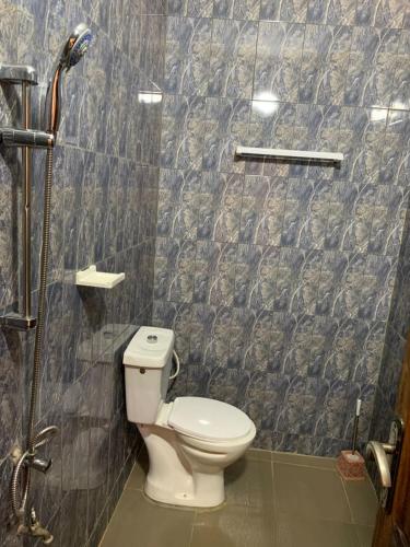 a bathroom with a toilet and a shower at Hôtel Okpèyèmi in Porto-Novo