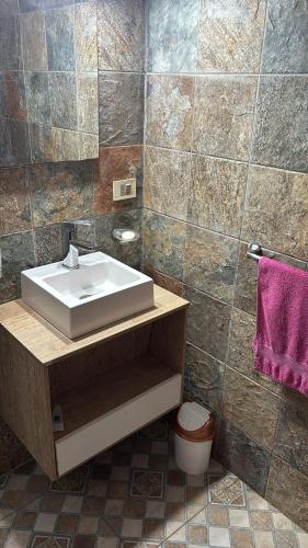a bathroom with a sink and a tiled wall at Chacra Dosvistas in Maldonado