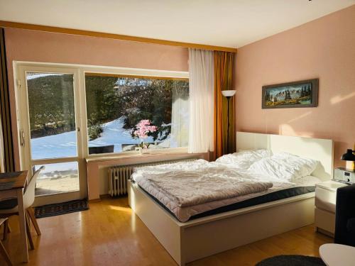 ein Schlafzimmer mit einem Bett und einem großen Fenster in der Unterkunft Studio Loisachtal in Garmisch-Partenkirchen