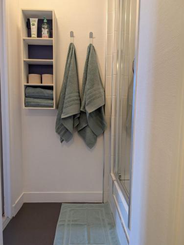a bathroom with a shower with towels and a mirror at La loge Diane, à deux pas du château et son jardin à la française in Chantilly