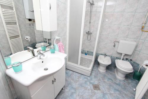 een badkamer met een wastafel, een toilet en een douche bij Guest House Liliana in Rovinj
