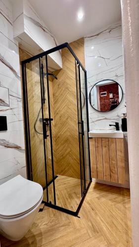 a bathroom with a toilet and a sink at Wolność in Elblag