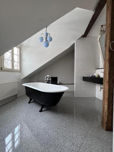 a large bathroom with a large tub in the attic at Apartmán Bonaparte in Loket
