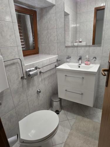a bathroom with a white toilet and a sink at House Belavici in Hreljići