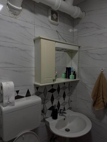 a bathroom with a sink and a toilet and a mirror at AG Apartman in Kraljevo
