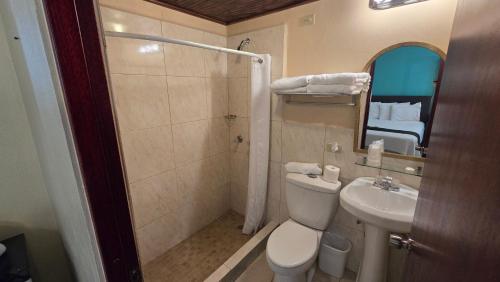 a bathroom with a toilet and a sink and a mirror at I Love Combate Rooms & Suites in Boqueron