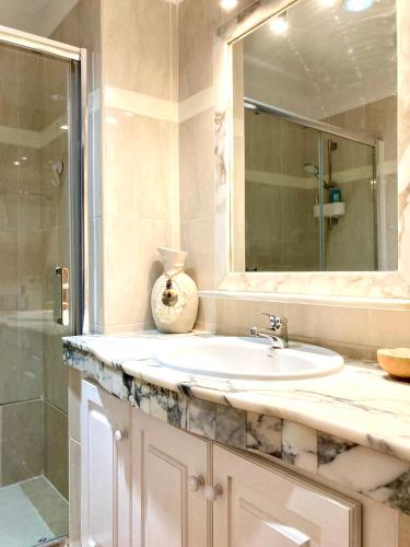 a bathroom with a sink and a shower at Ocean Breeze & View Médano in El Médano