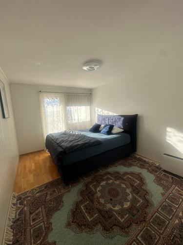 a bedroom with a bed and a rug at Cozy place in Lutvann with Balcony in Oslo